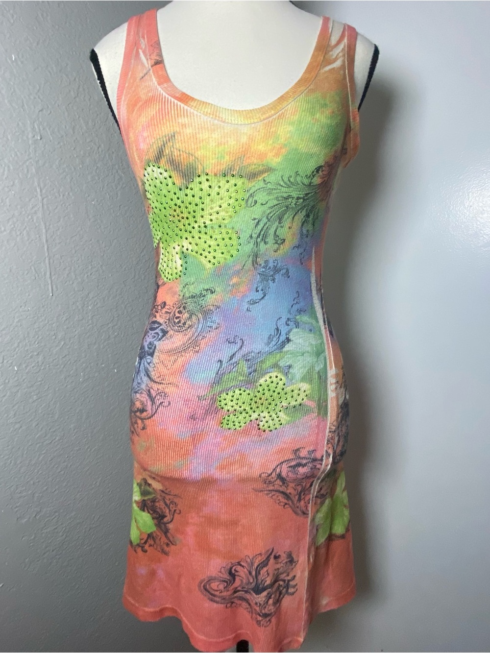 Y2K Orange & Green Multicolor Trippy Fairy Grunge Mini Dress Size Medium